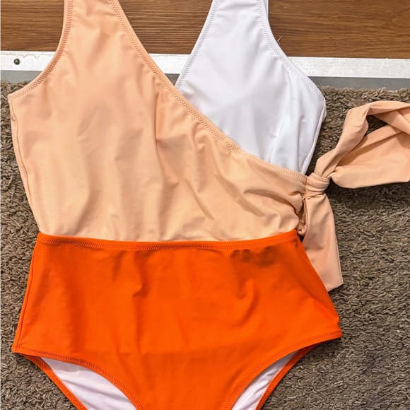 Cupshe NWOT Women One Piece Swimsuit Sm Orange Color Block V-Neck Wrap Front Tie - Picture 8 of 11